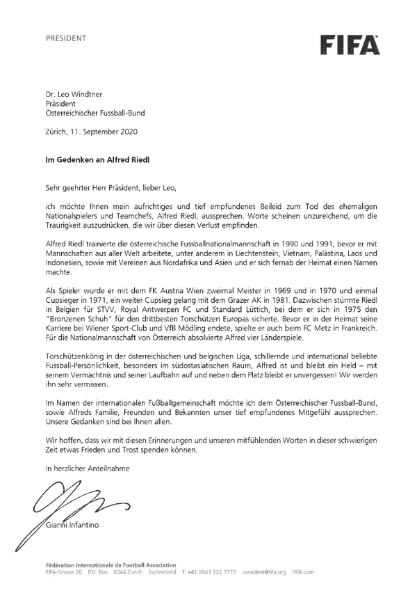 Letter of condolence from FIFA